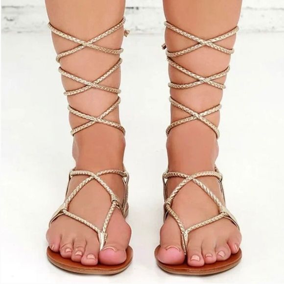 Steve Madden Shoes - Steve Madden Werkit Gold Braided Gladiator Lace Up Round Toe Thong Sandals